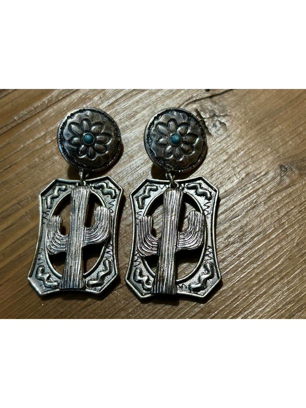 Vintage Silver Tone Cactus Dangle Earrings with Turquoise Accent